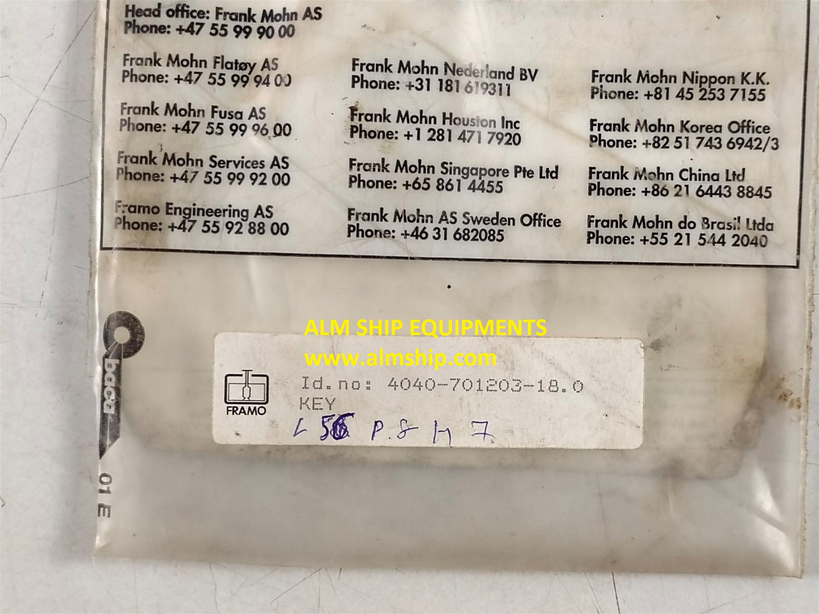 Key Pn 866 Id 1001 & 4040-701203-18.0 For Framo