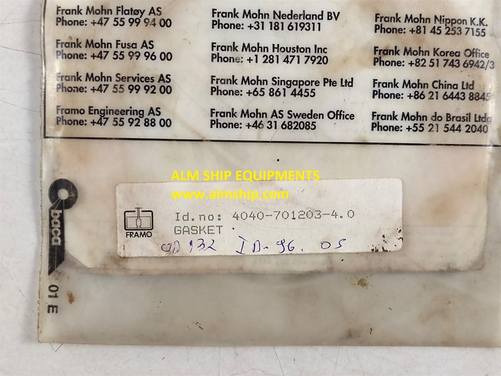 Gasket Pn. 222.2 & 222.1 Id 1001 & 4040-701203-4.0 & 4040-701203-5.0 For Framo